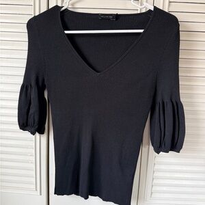 The Limited Black Ribbed V-Neck Top with Puff Sleeves